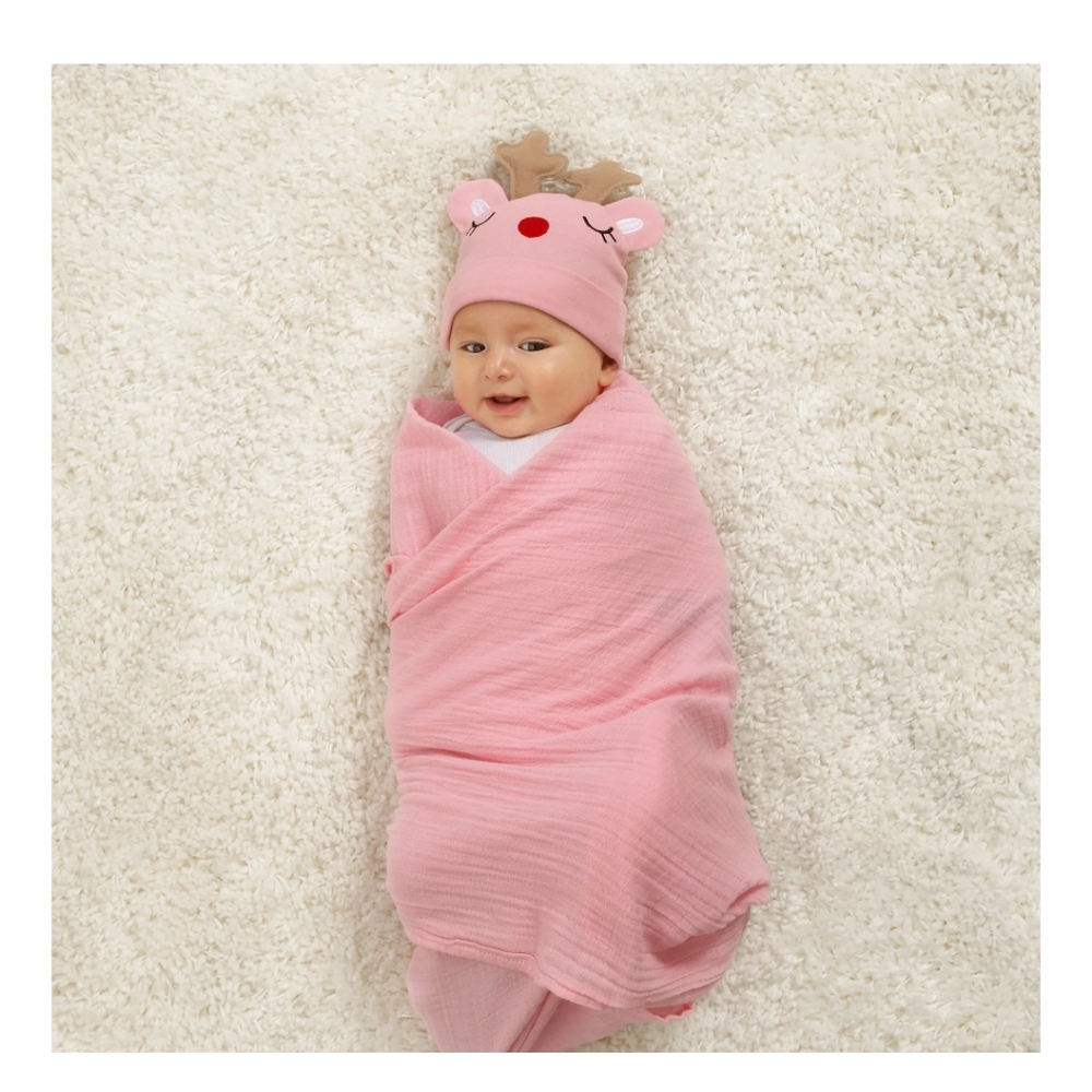 Pink Reindeer Xmas Swaddle Set, Swaddle Baby Blanket and Beanie,